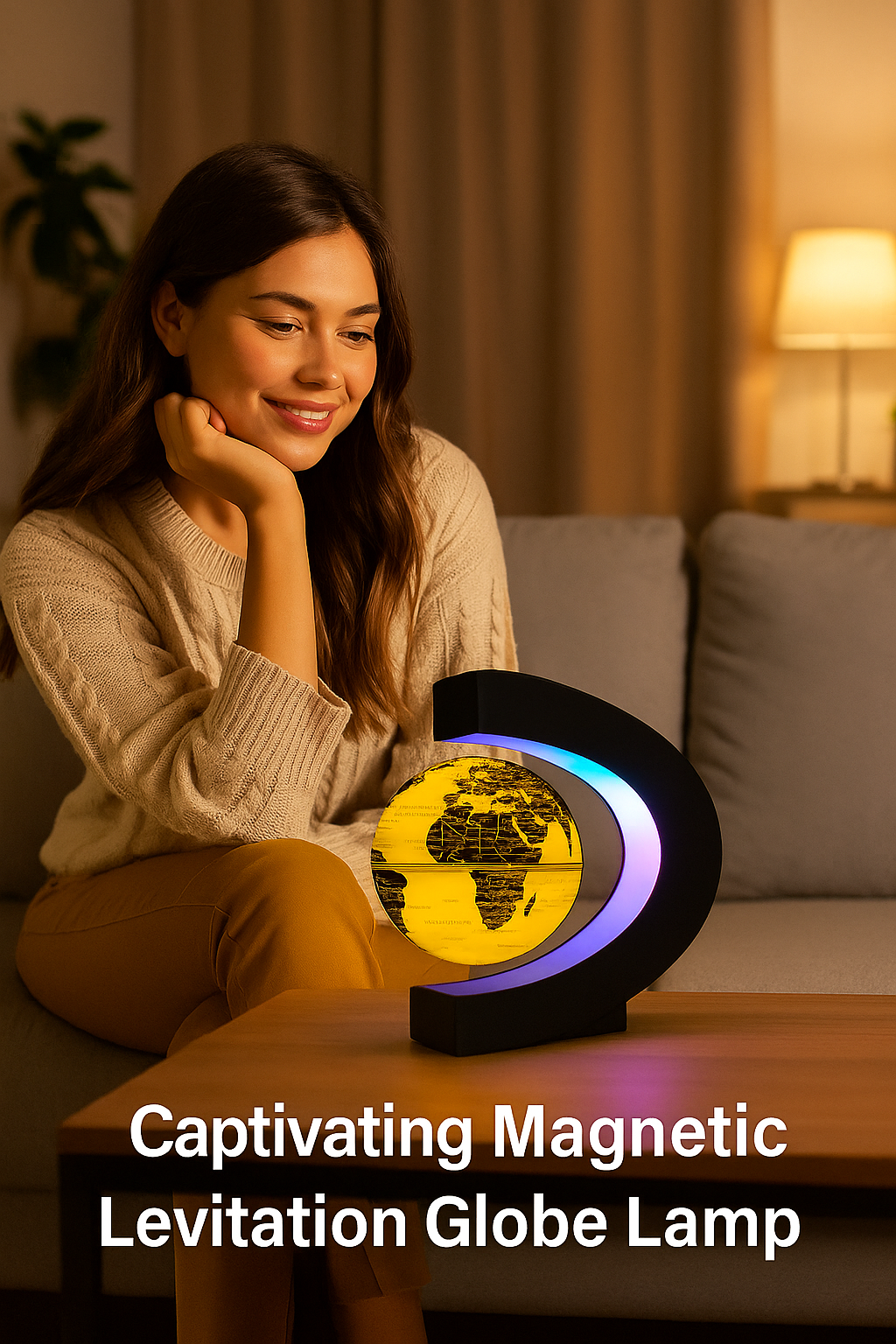 Women floating globe lamp magnetic levitation LED yellow decoration 