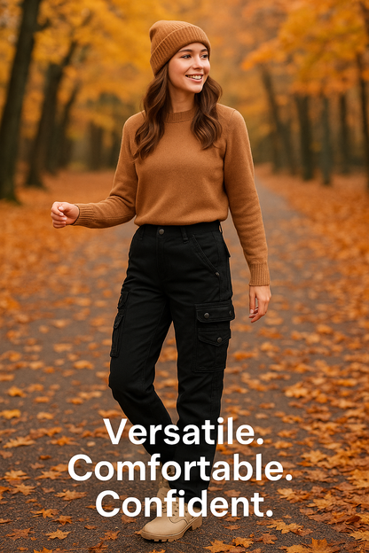 Women's black cargo pants with multiple pockets - front view
