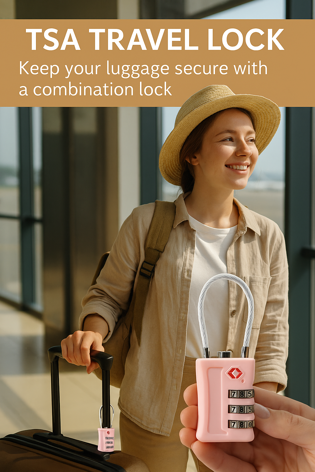 Woman securing her suitcase with TSA-approved combination lock before flight
