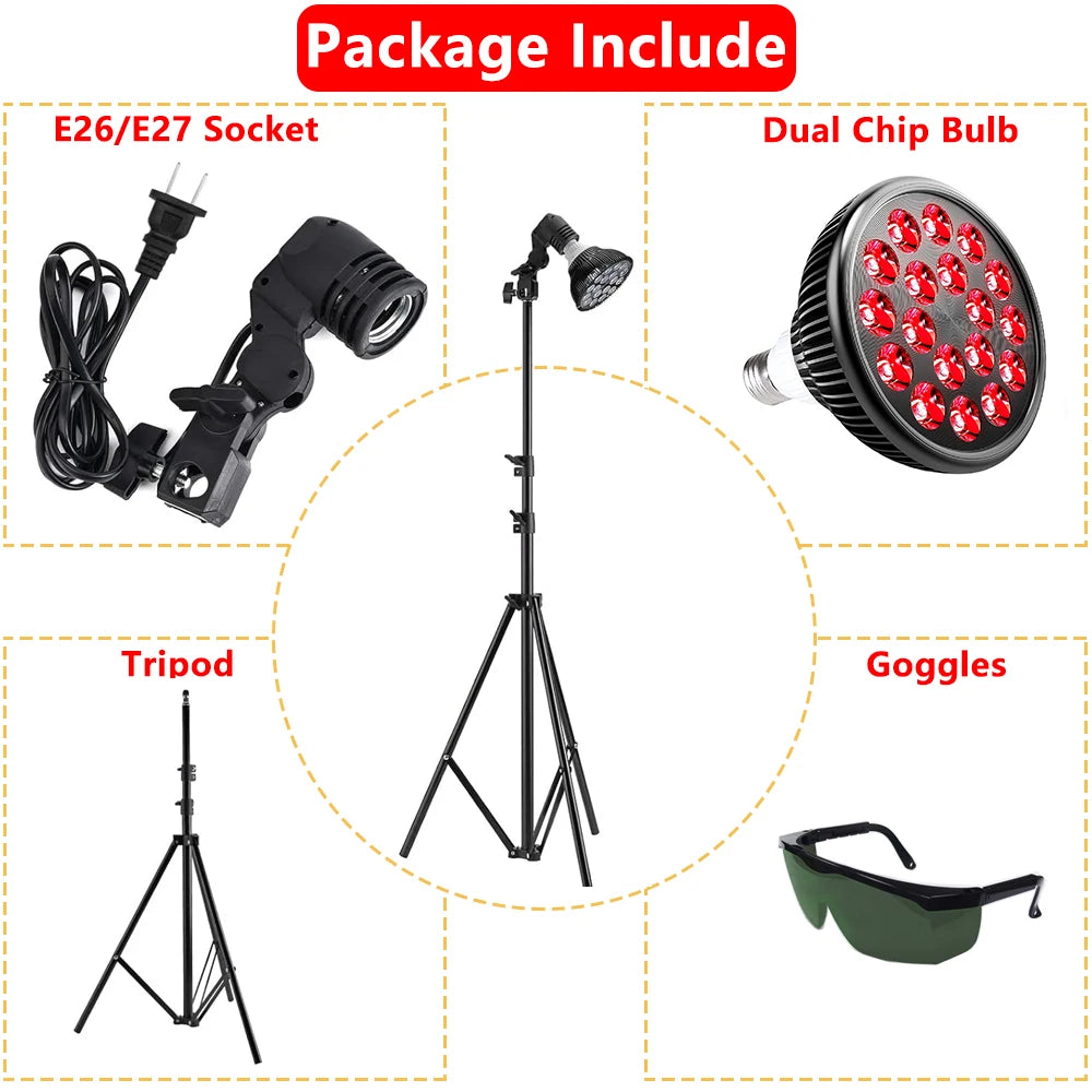 E27 LED Red 54W Light Therapy Lamp 660nm&850nm Infrared Bulb with Floor Stand for Skin Care Pain Relief 360° Adjustable