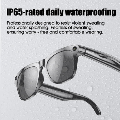Modern woman wearing smart glasses with voice assistant