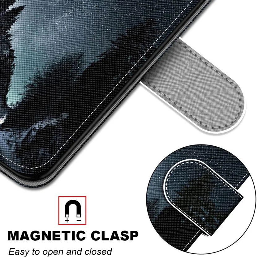 Painted Leather Phone Case For  Galaxy S24 S23 S22 S21 S20 Ultra S10 S9 Plus FE S7 S8 Wild Rose Lion Wolf Cat Dog Cover