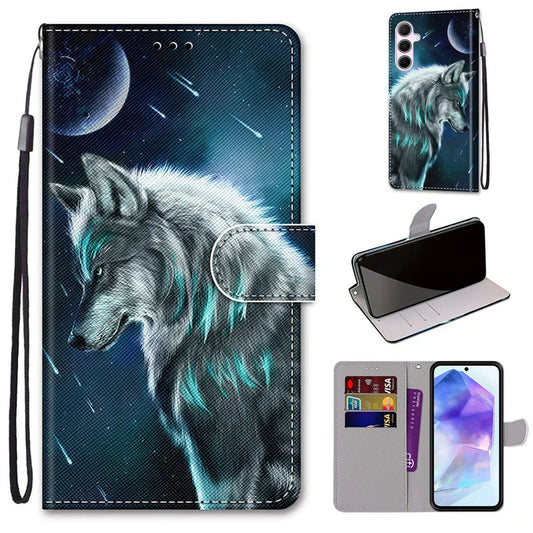 Painted Leather Phone Case For  Galaxy S24 S23 S22 S21 S20 Ultra S10 S9 Plus FE S7 S8 Wild Rose Lion Wolf Cat Dog Cover