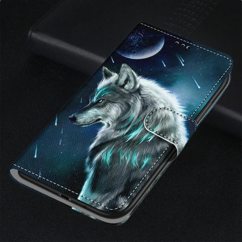 Painted Leather Phone Case For  Galaxy S24 S23 S22 S21 S20 Ultra S10 S9 Plus FE S7 S8 Wild Rose Lion Wolf Cat Dog Cover