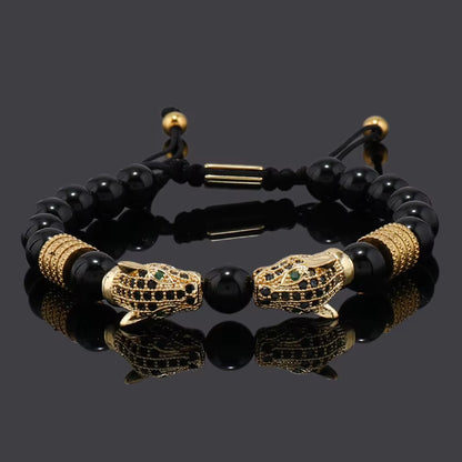 Luxury Black Stone Beads Man Bracelet Leopard Head Charms Women Bracelets Couple Jewelry Valentine'S Day