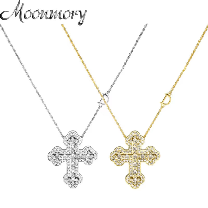 925 Sterling Silver Plating 24K Yellow Detachable Double Cross Pendant Necklace For Unisex Wavy Chain Japanese Jewelry