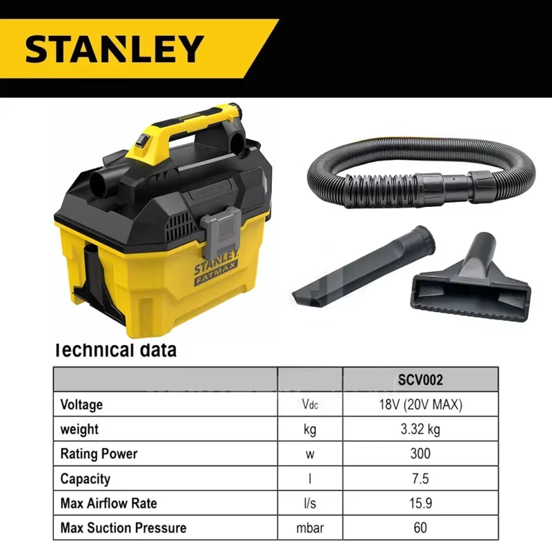 STANLEY SCV002 Rechargeable Vacuum Cleaner 20v 7.5L Car Home Cleaning Construction Site Professional Wet-Dry Vacuums Power Tools