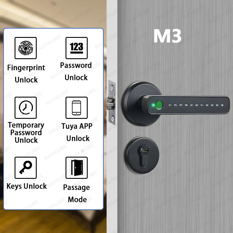 M3 Tuya BLE Digital Fingerprint Door Lock Electronic Lock with 60/70Mm Latch Keys Smartlife/Tuya APP Remote Unlock