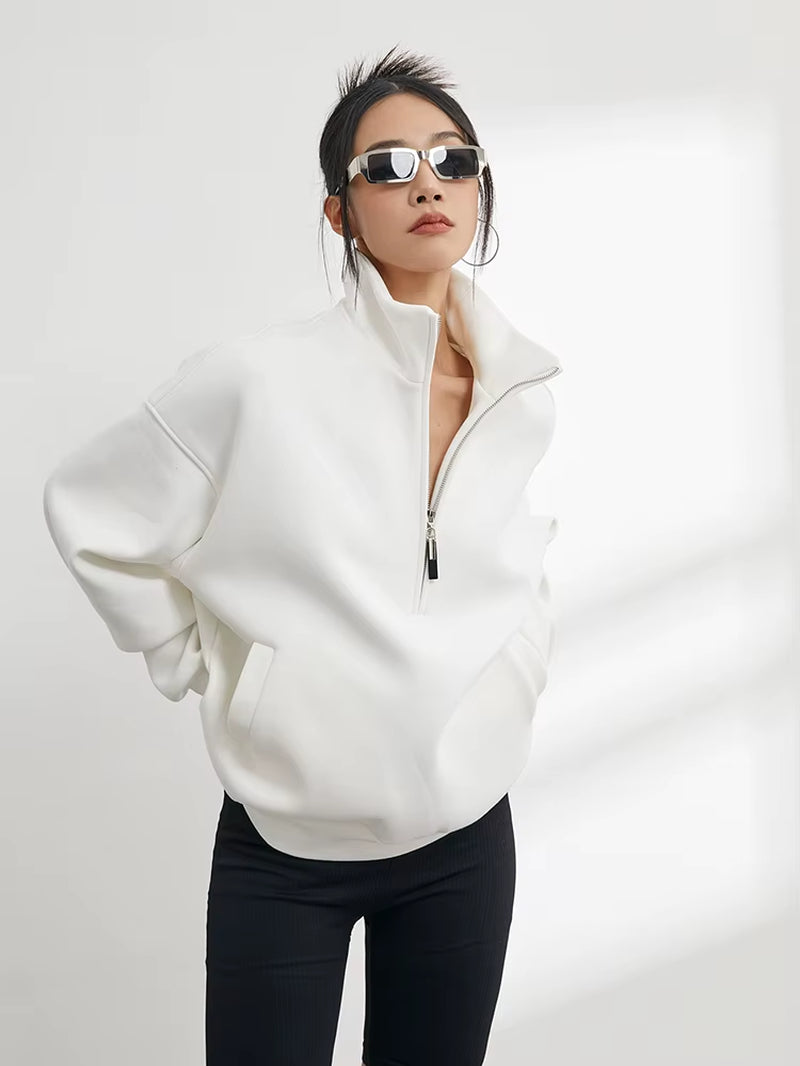 Casual Sweatshirts Half Zip Women Pullover 2024 New Overzised Hoodie Solid Color Stand Collar Long Sleeve Tops