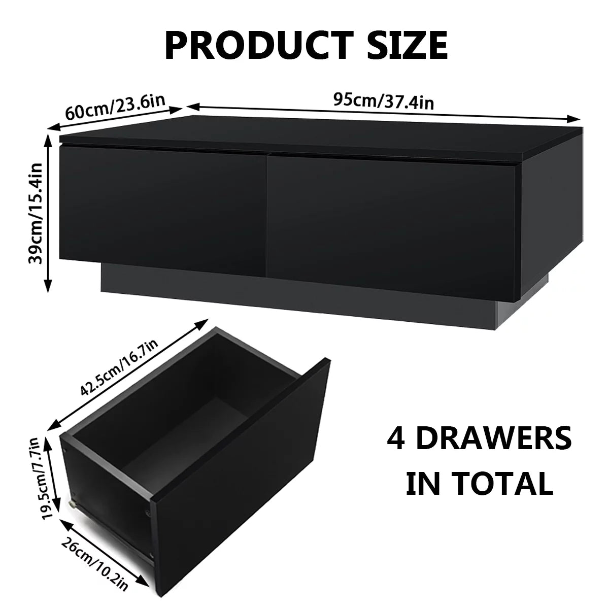 HOM012 - Transform Your Home: Versatile Black Coffee Table with LED Lights & Drawer Storage!