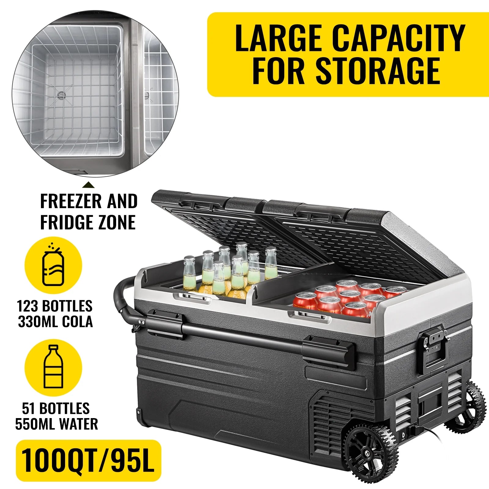 Portable Car Freezer, 100 Quart Portable Refrigerator Freezer, 95L Dual Storage Zone Camping Freezer, -4℉~68℉ 12 Volt Fridge Freezer, Car Freezer for Car and Home Use, DC 12/24V, AC 100-240V