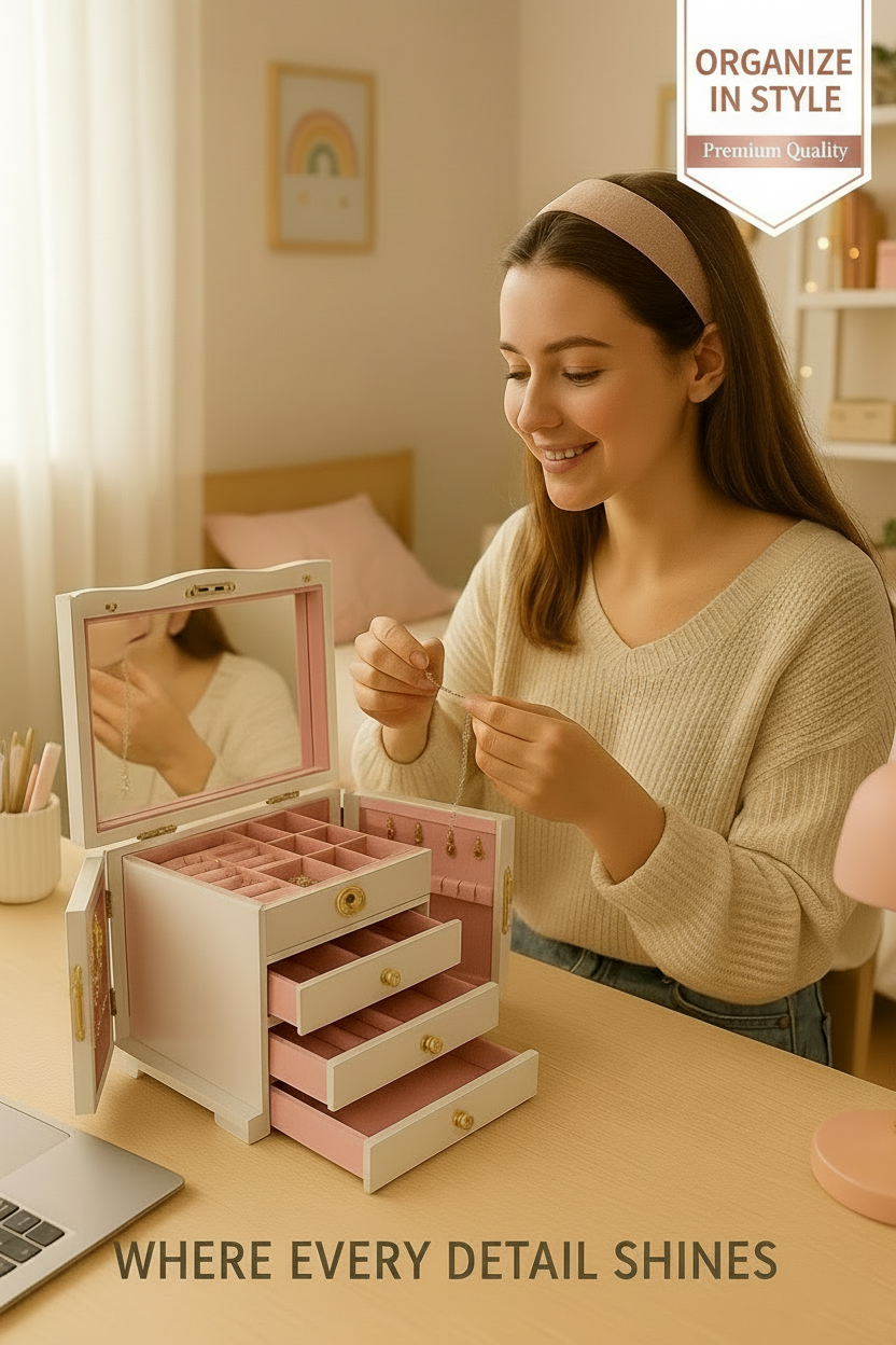 Wooden Jewelry Organizer Box with Drawers