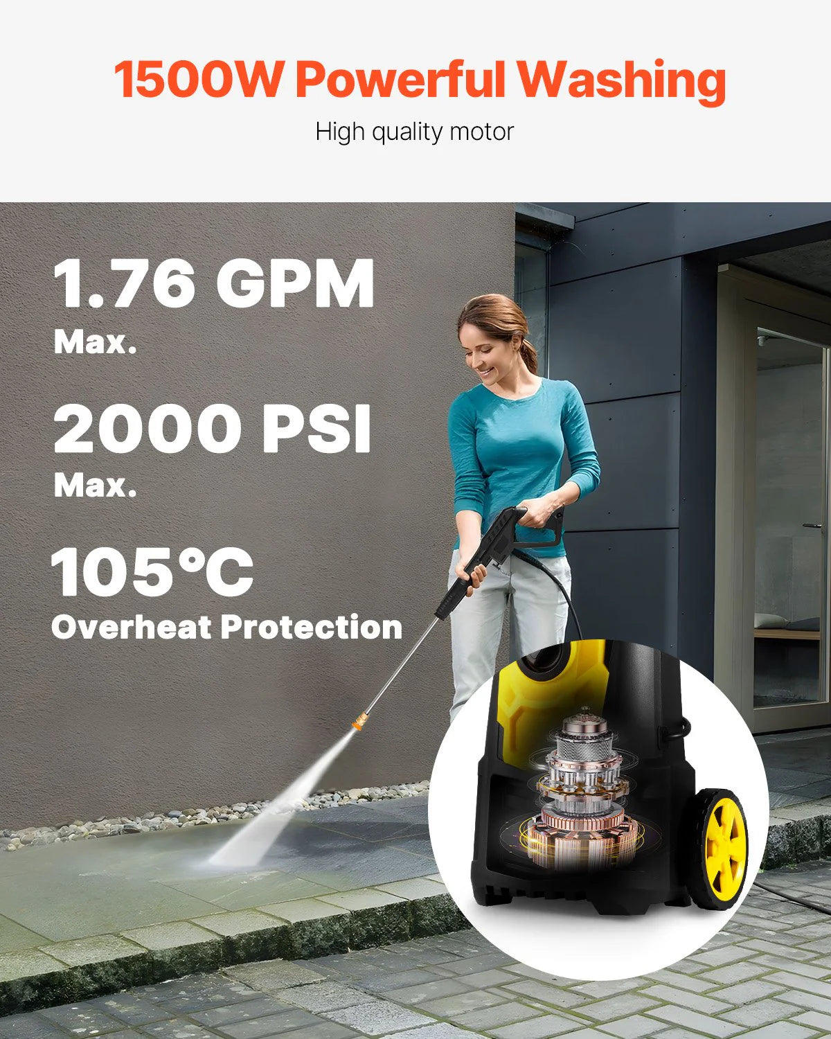 VEVOR Electric Pressure Washer, 2000 PSI, Max. 1.76 GPM Power Washer w/ 30 ft Hose, 5 Quick Connect Nozzles, Foam Cannon, Portable to Clean Patios, Cars, Fences, Driveways, ETL Listed