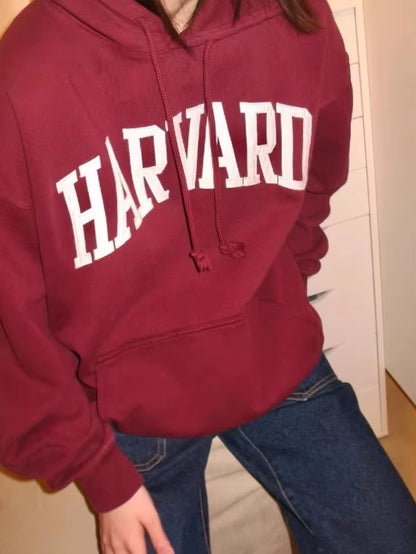 Casual Women Cotton Navy HARVARD Embroidered Hoodies 2023 Fall Vintage Long Sleeves Sweatshirts Female Loose Pullovers