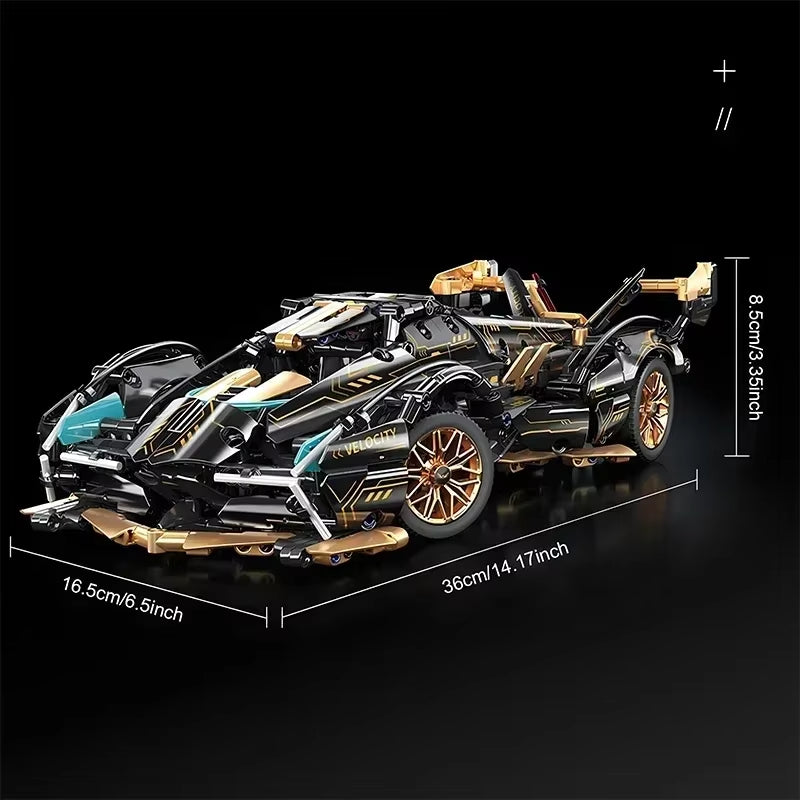 2024 Black V12 Block Roadster RC Tech Racer 1:14DIY Roadster building block assembly Block car toy birthday gift （1280 granule）