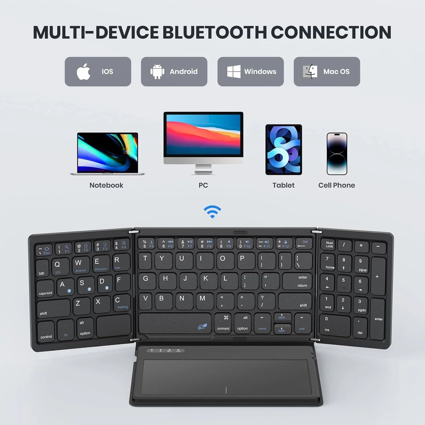 Wireless Foldable Keyboard with Touchpad 81 Keys Bluetooth Keyboard Portable Slim Folding Keypad for Windows IOS Android
