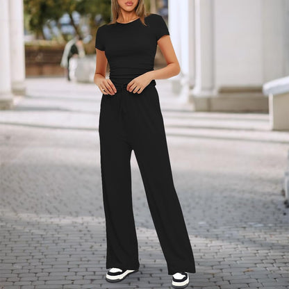 WOM001 - Chic 2-Piece Lounge Set for Women - Ruched Top and Wide Leg Pants