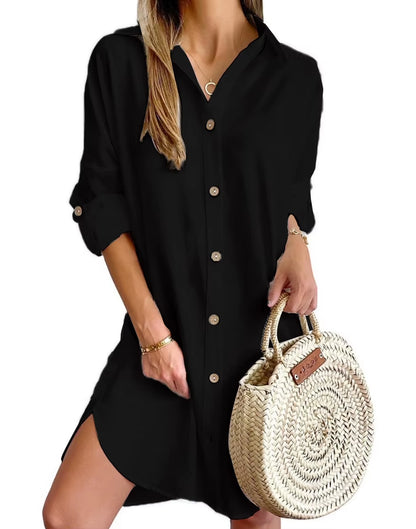 Women's Solid Color Dress 2024 Spring Summer Commuting Style Casual Long Sleeve Polo Button Up Shirt Dress Fashion Mini Dress