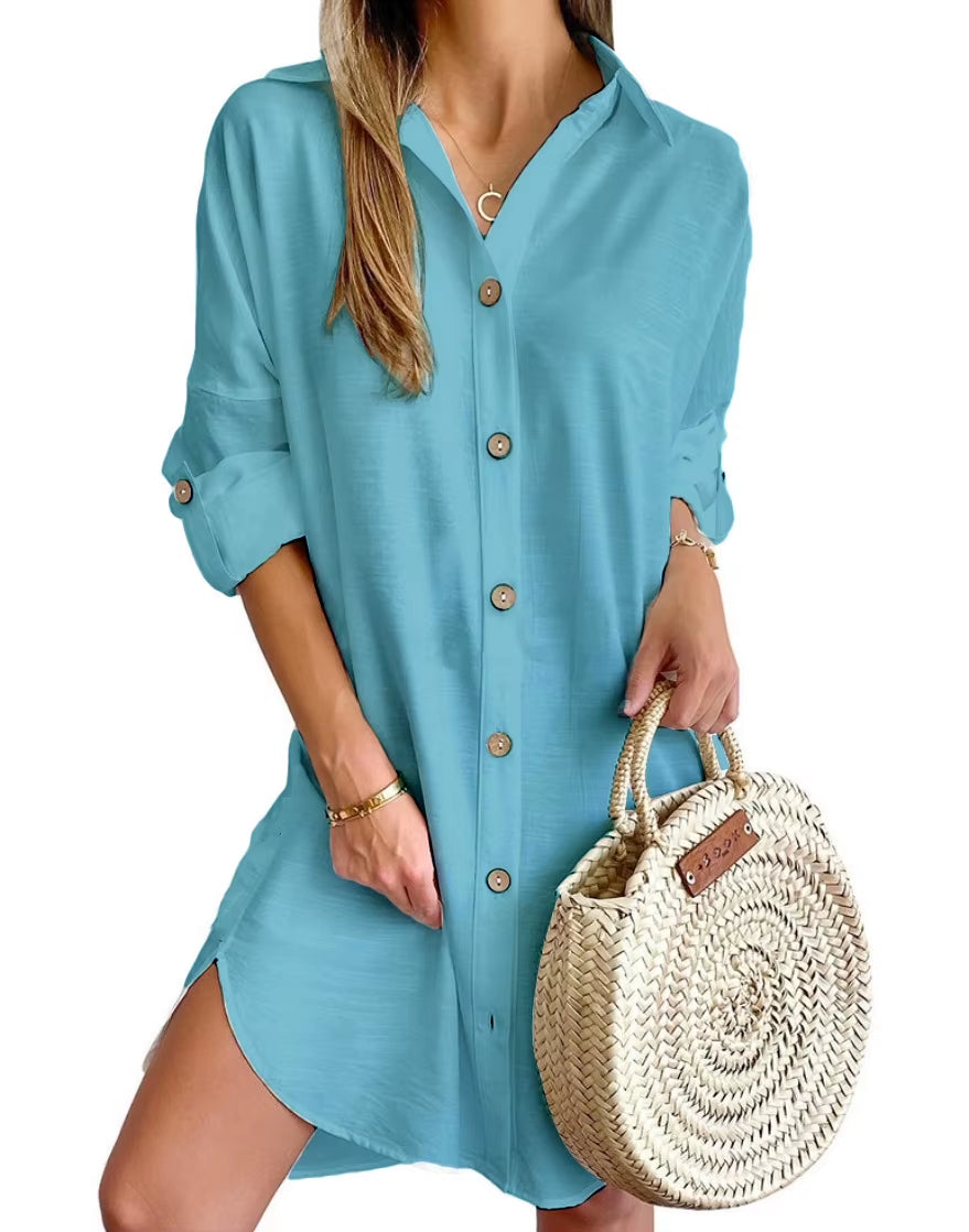 Women's Solid Color Dress 2024 Spring Summer Commuting Style Casual Long Sleeve Polo Button Up Shirt Dress Fashion Mini Dress