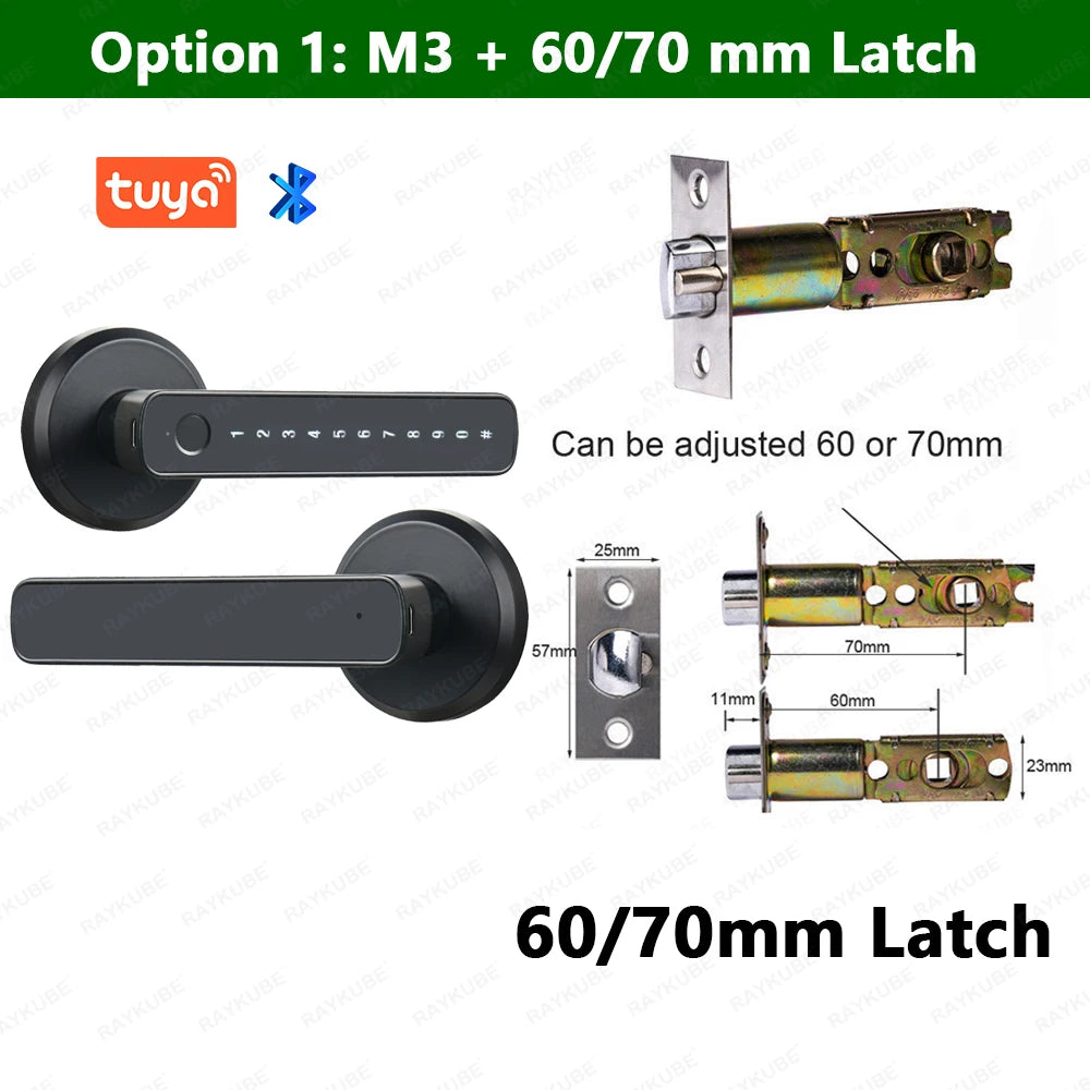 M3 Tuya BLE Digital Fingerprint Door Lock Electronic Lock with 60/70Mm Latch Keys Smartlife/Tuya APP Remote Unlock