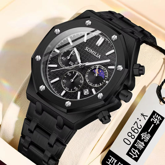 MON001 - SOMILIA Top 2311 Men'S Quartz Watch High End Three Eye Six Pin Multi Functional Moon Waterproof Business Men'S Quartz Watch