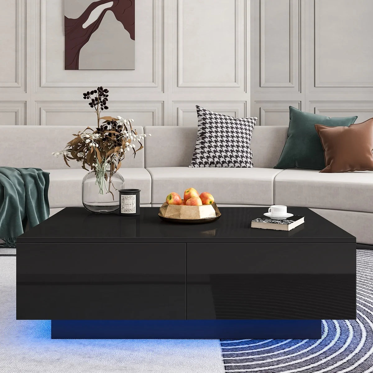 HOM012 - Transform Your Home: Versatile Black Coffee Table with LED Lights & Drawer Storage!