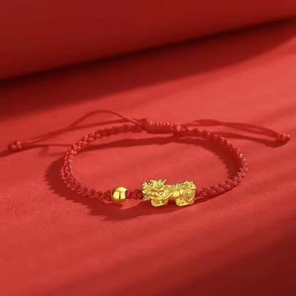 9999 Real Gold 24K Yellow Gold Cai Pi Xiu Bracelet Benmingnian Red Rope Bracelet