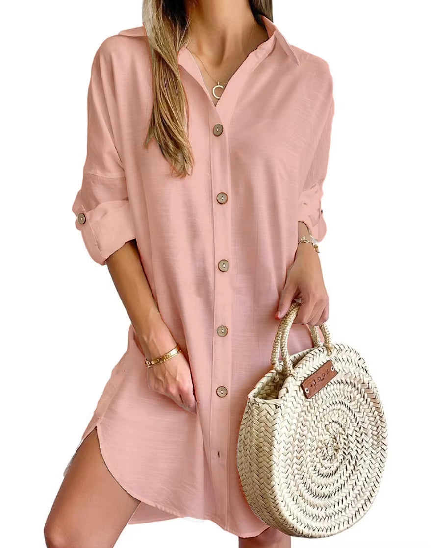 Women's Solid Color Dress 2024 Spring Summer Commuting Style Casual Long Sleeve Polo Button Up Shirt Dress Fashion Mini Dress