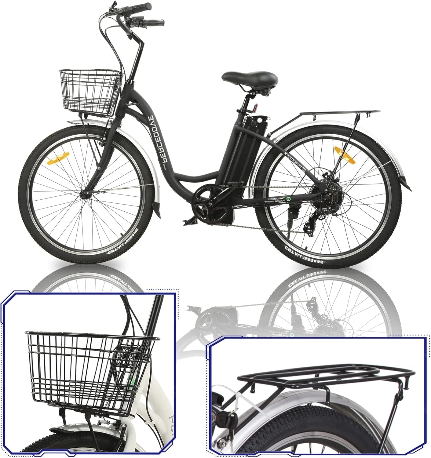 Citycruiser Electric Bike 26" E Bike 350W Motor Bicycles Removable 36V 10AH Lithium Battery Commute Step-Through Ebike Moped for Adults with Basket Shimano 7 Speed Gears