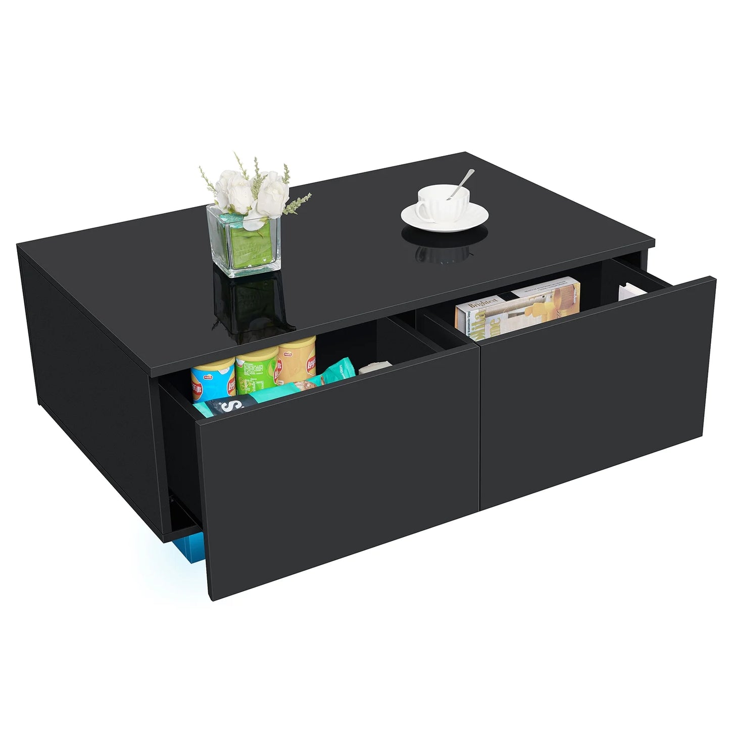 HOM012 - Transform Your Home: Versatile Black Coffee Table with LED Lights & Drawer Storage!