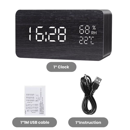 Alarm Clock LED Digital Wooden USB/AAA Powered Table Watch With Temperature Humidity Voice Control Snooze Electronic Desk Clocks